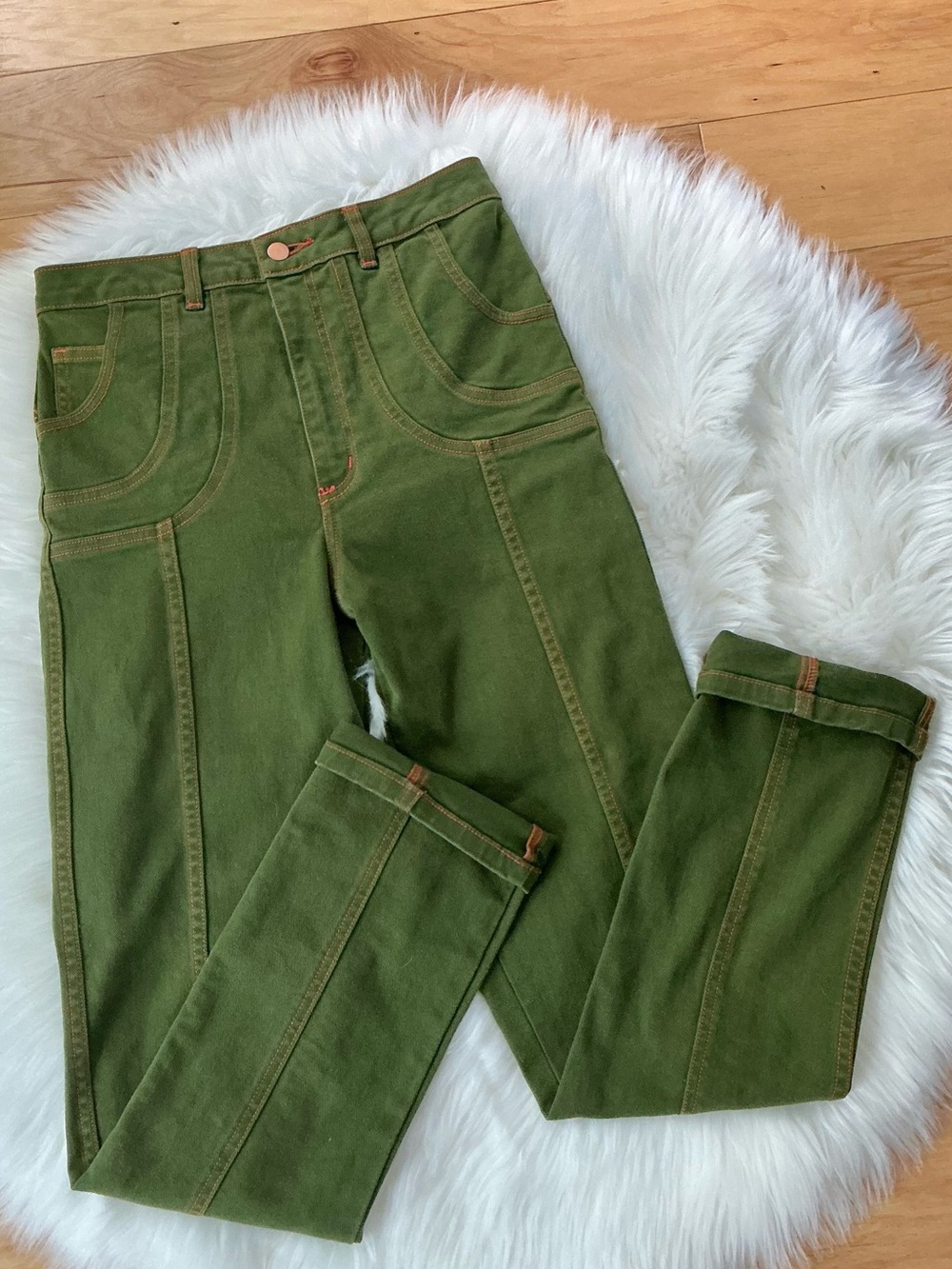 Judi Rosen High Rise Slim Leg Green Jeans with Orange Stitching & Back Buckle